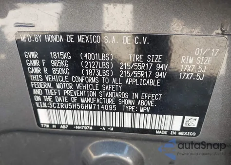 2017 Honda Hr-V Ex from USA, damaged, VIN 3CZRU5H56HM714095